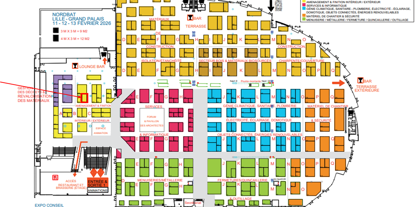 Plan des stands de Nordbat 2026 avec une flèche rouge vers la position du stand d'Ecophon