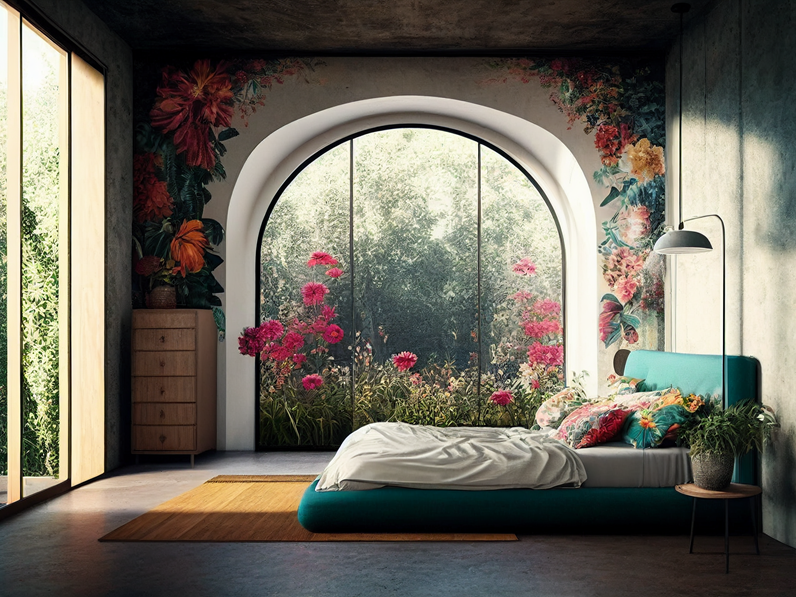 Dormitorio con paredes revestidas de tejidos elásticos estampados