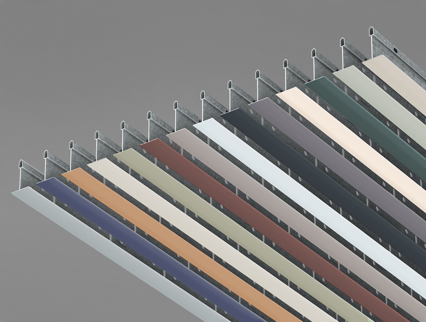 Una serie di pannelli metallici per soffitto disposti in diagonale, ciascuno di un colore diverso, su uno sfondo grigio.