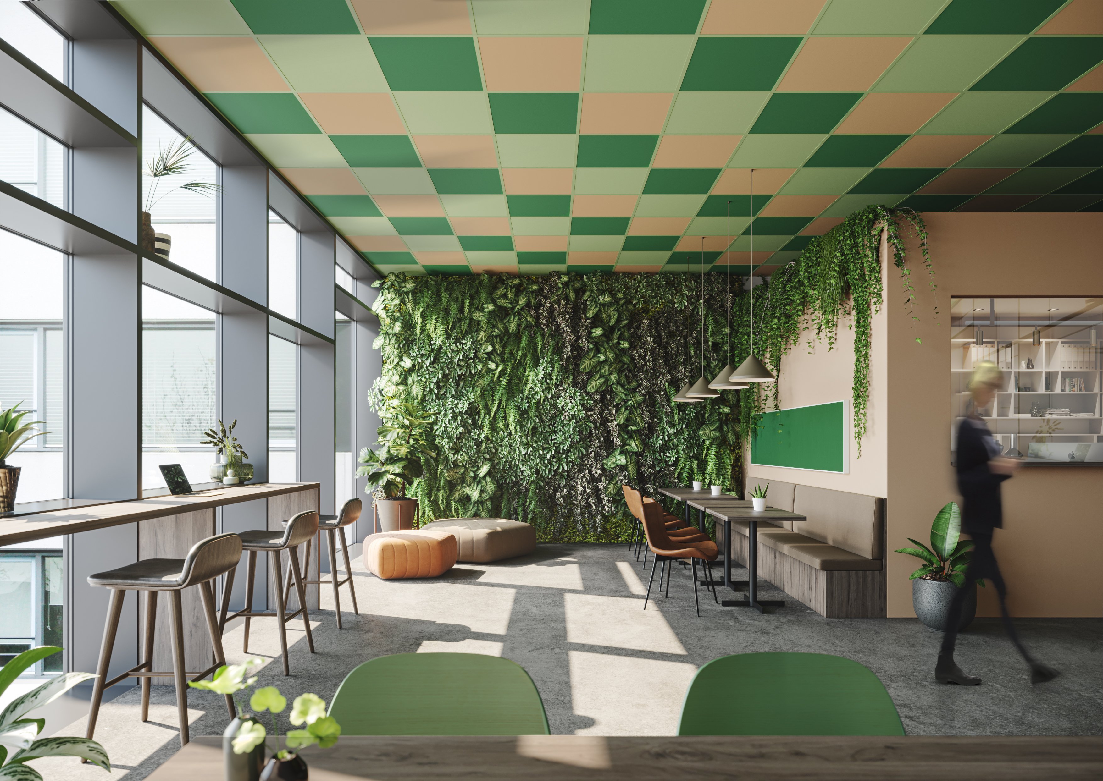 Room with suspended acoustic ceiling in three different colours