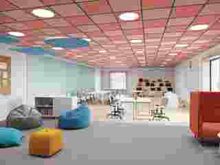Rendered classroom with coloured acoustic ceiling