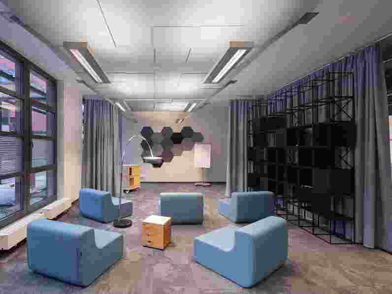 Office seating area with acoustic ceiling