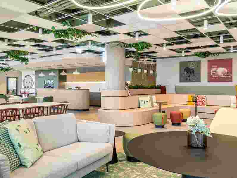 White, suspended acoustic ceiling with integrated hanging plants in large, colourful office social space. Acoustic wall panels with printed animal motifs. 