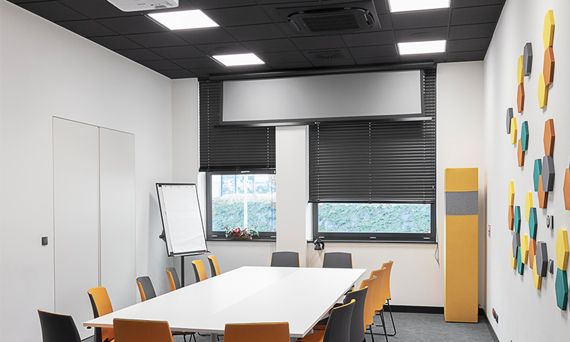 Black acoustic ceiling in conference room