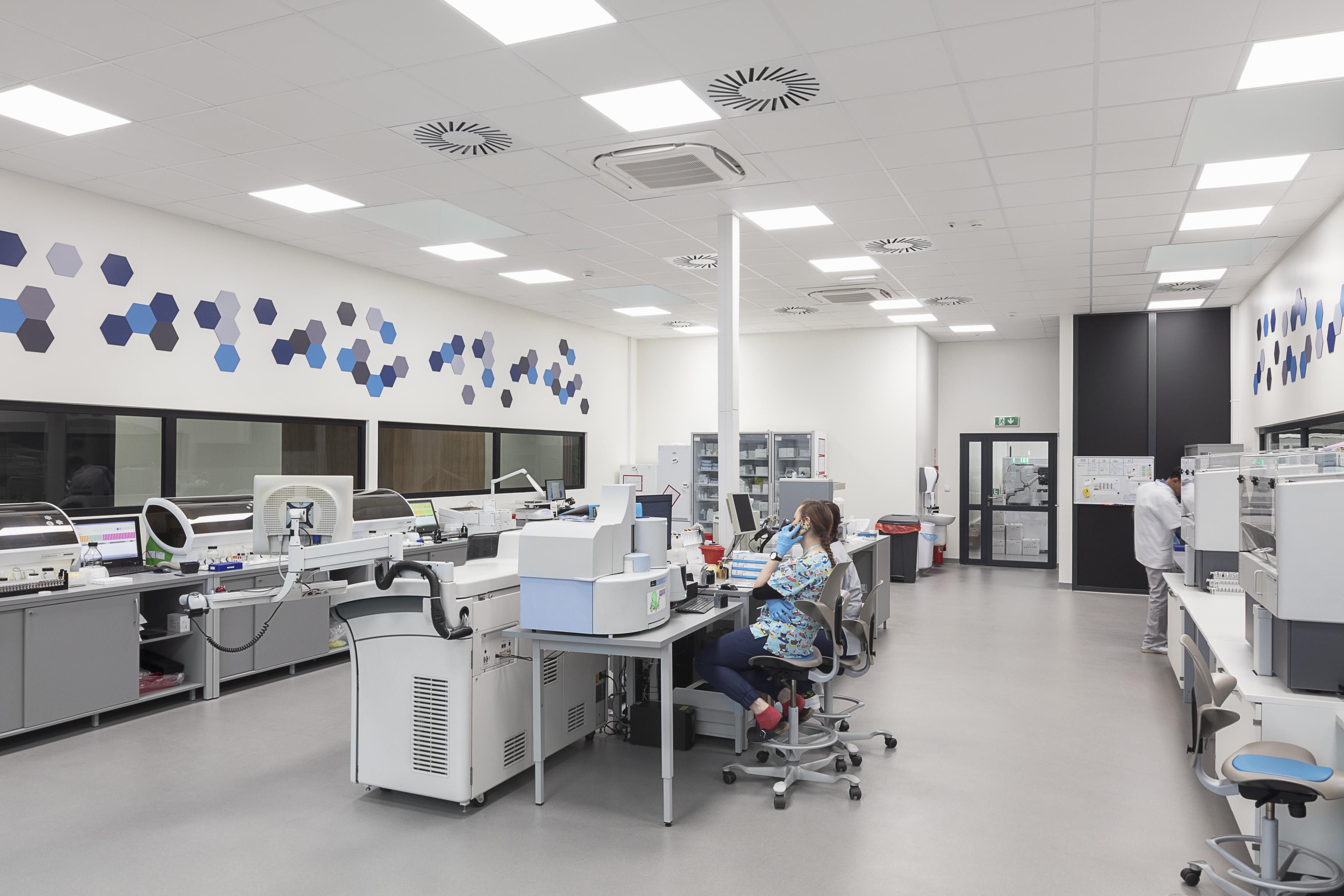 Suspended acoustic ceiling in analytical laboratory