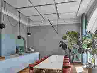 Acoustic free hanging ceiling panels in office socialising area