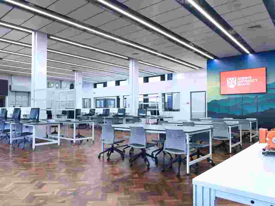 Large studyhall with free hanging acoustic ceiling