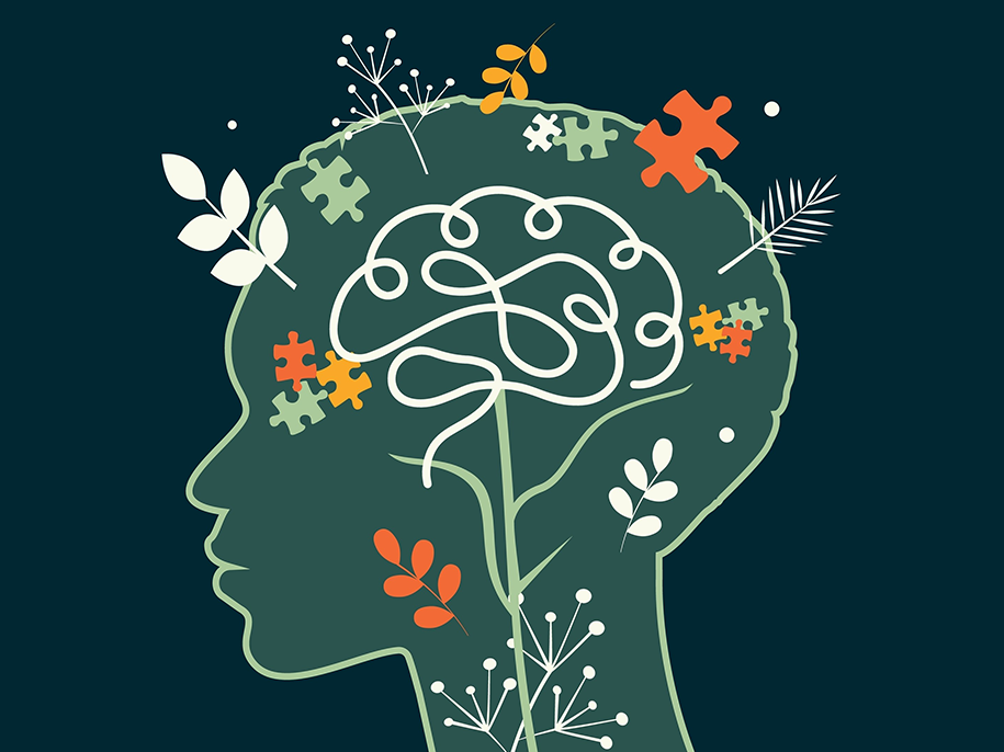 Illustration of a human head in profile with a brain depicted by a tangled line. Puzzle pieces and botanical elements are intertwined within the head, symbolising mental health, growth, and complexity.
