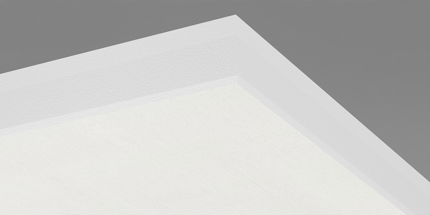 Close-up view of the corner of a white, textured ceiling panel against a grey background, with the panel surface illuminated brightly.