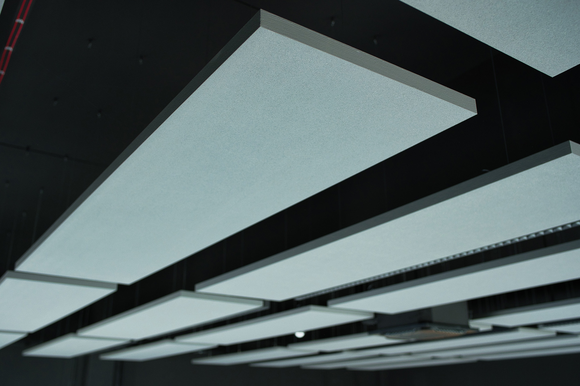 Rectangular acoustic rafts suspended from the ceiling in a structured arrangement