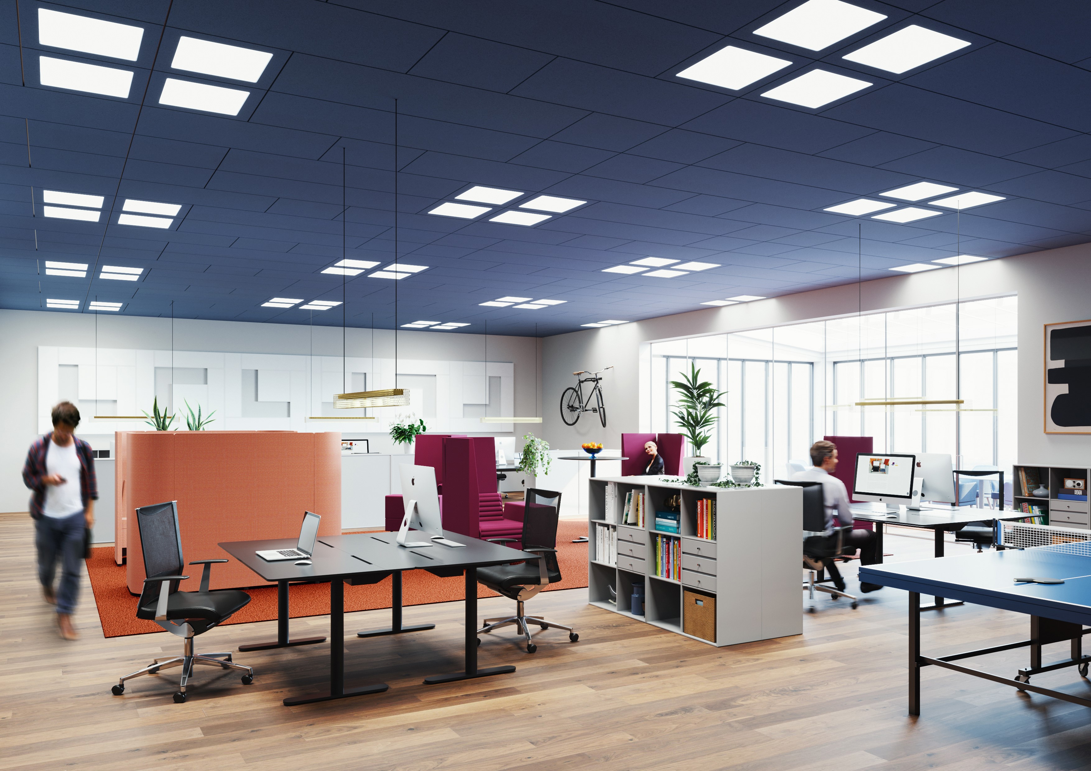 Ufficio open space con controsoffitto acustico sospeso blu