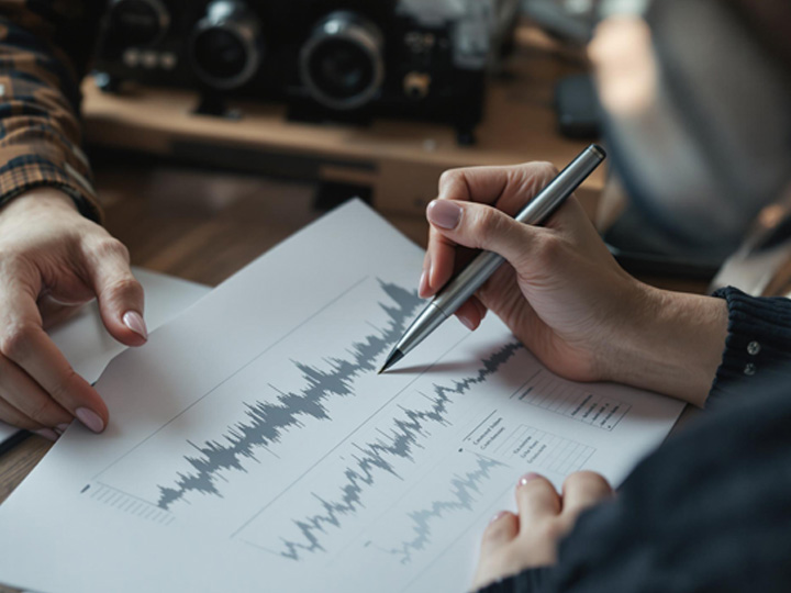 A person holds a silver pen over a printed sheet displaying wave-like graphs and data tables. The focus is on their hand and the document, suggesting analysis or note-taking.