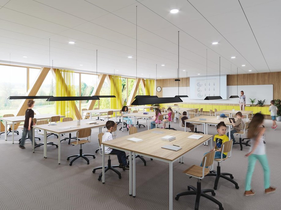 Suspended acoustic ceiling system in classroom