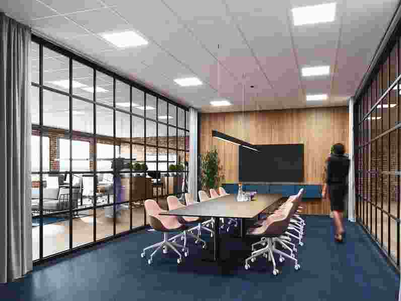 Suspended acoustic ceiling in modern office conference room 