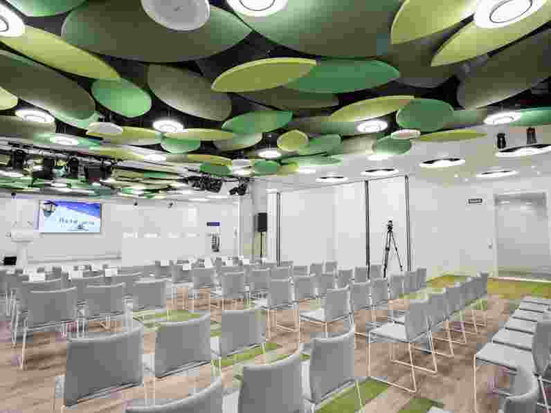Green, leaf-shaped free-hanging panels in conference room