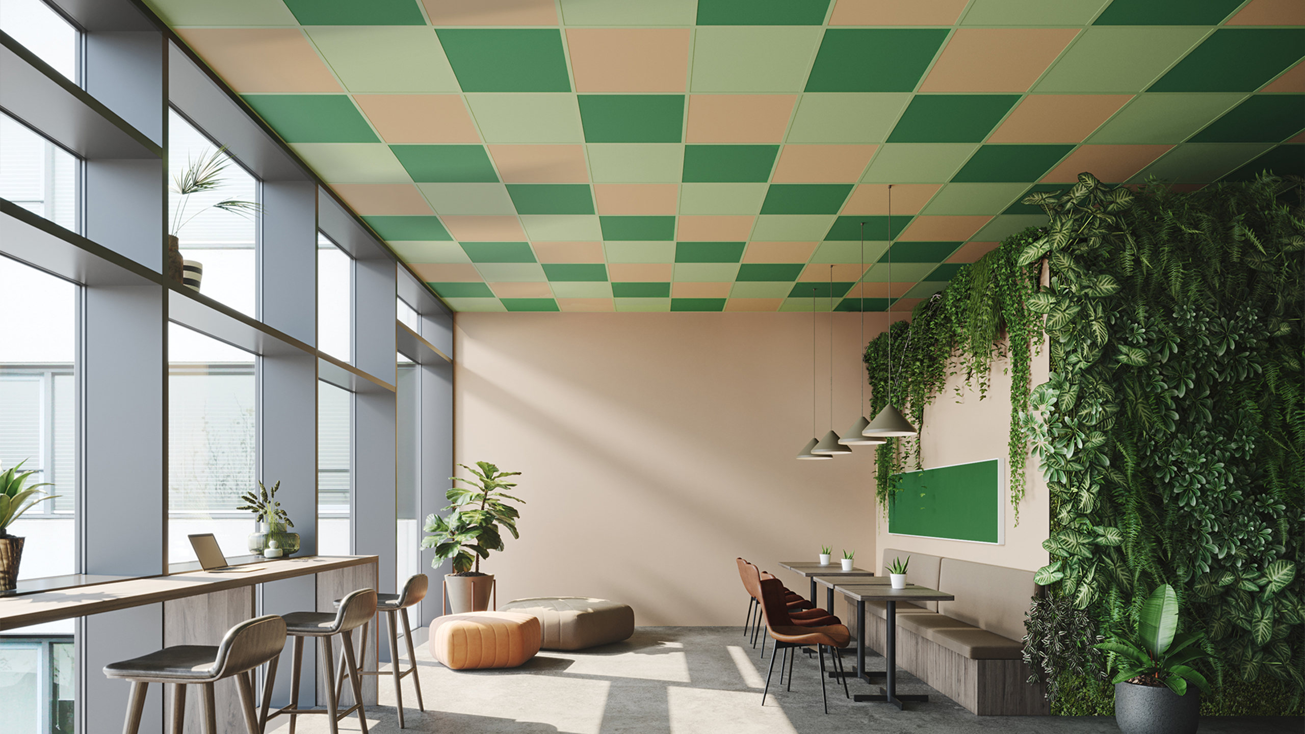 Multi-coloured acoustic ceiling in office lounge area