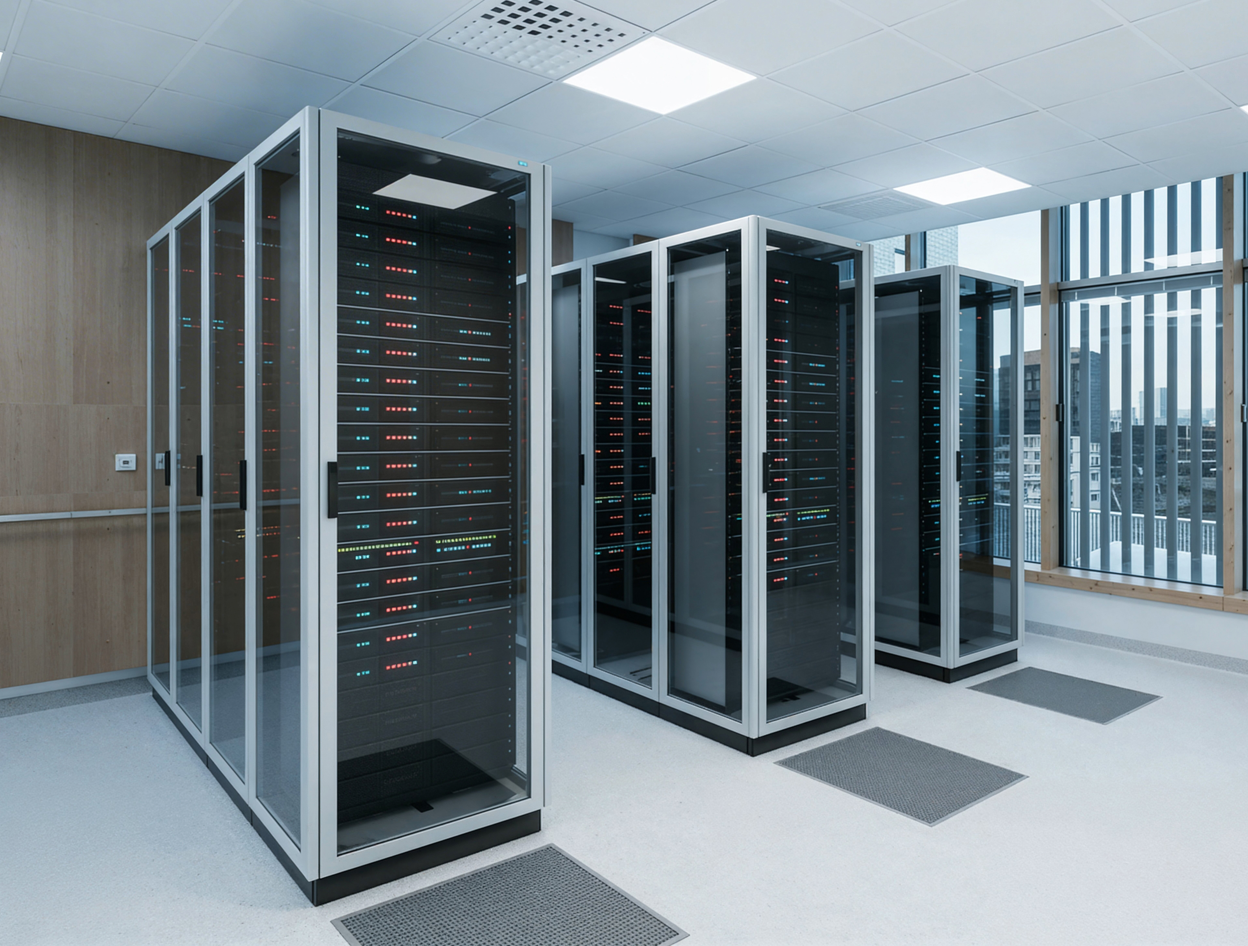 A modern, clean server room with several glass-enclosed server racks, LED indicator lights, white floors, and large windows showing city buildings outside.