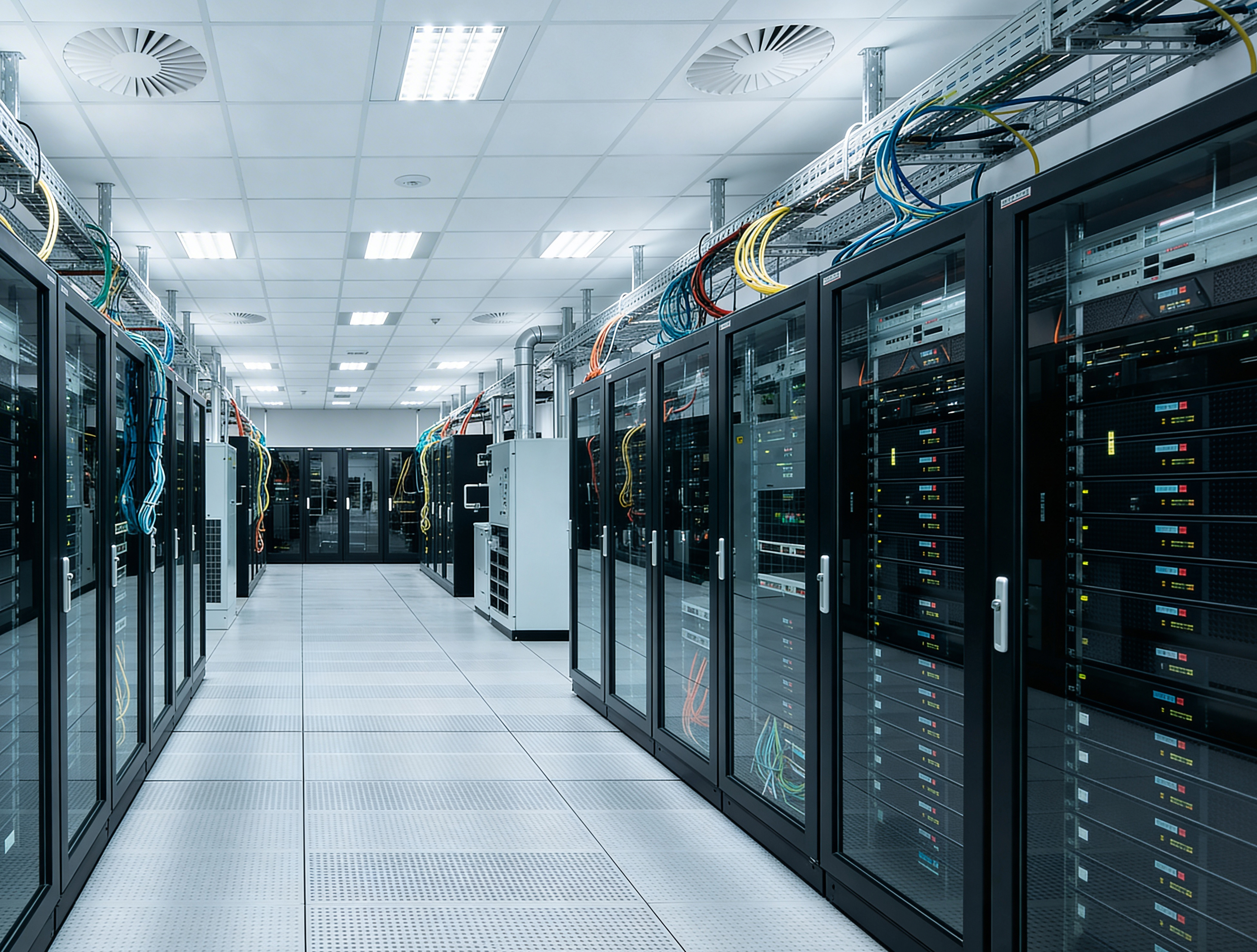 A modern data centre with rows of server racks, visible network cables, and bright overhead lighting. The clean, organised space features a white floor with a grid pattern and black server cabinets on both sides.