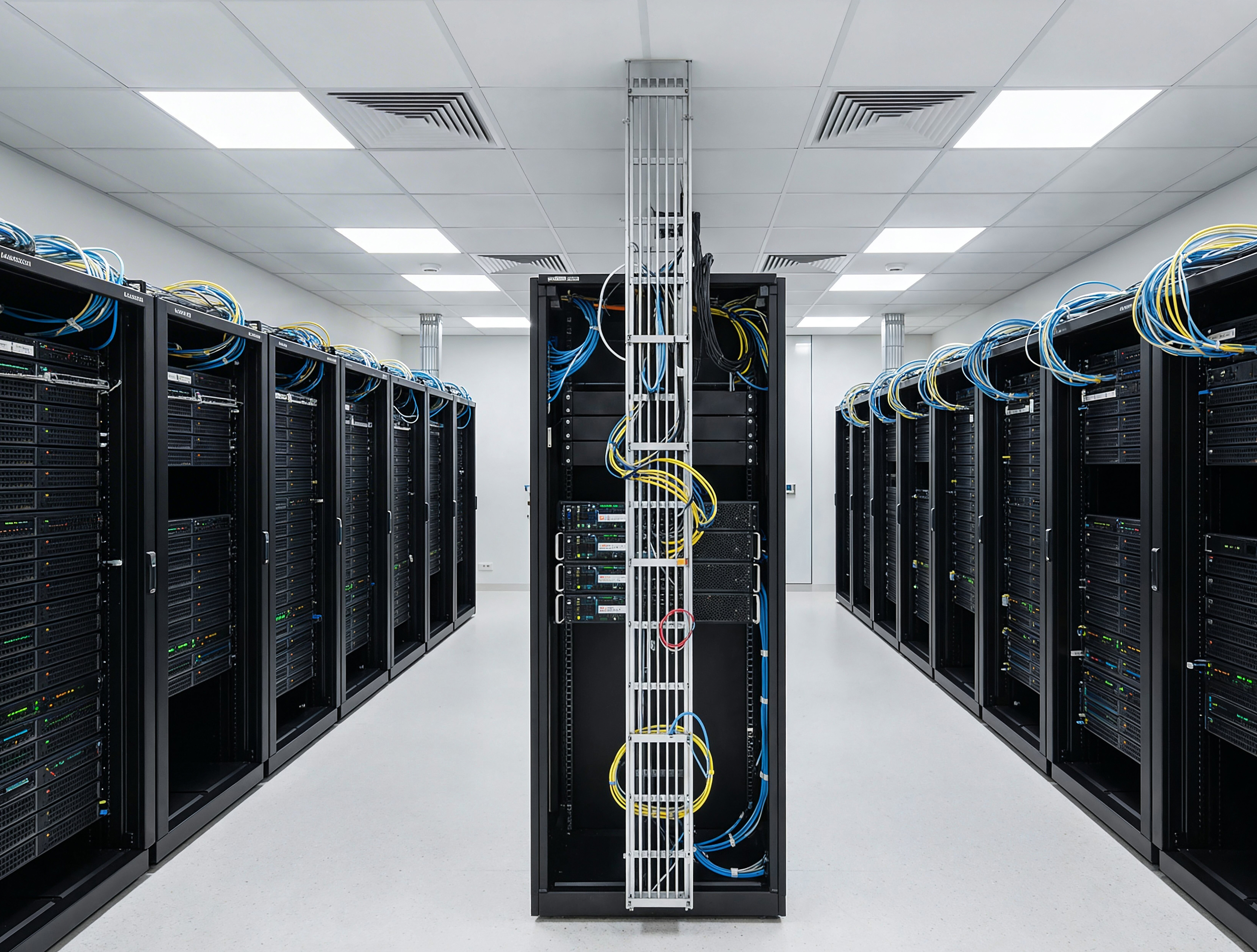 A modern data centre with rows of black server racks on both sides of a clean, bright white room, featuring organised network cables and ceiling-mounted ventilation panels.