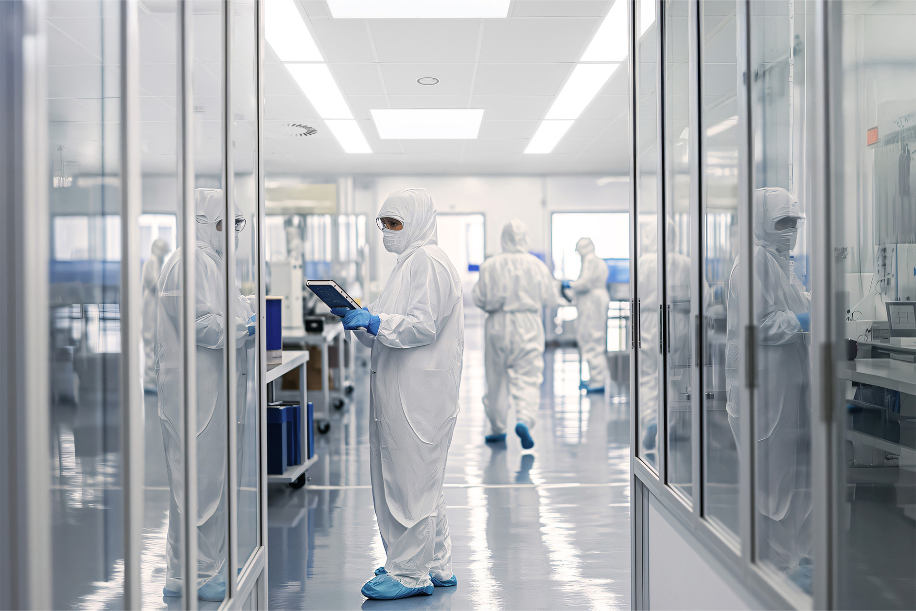Scientists wearing full-body protective suits and masks work inside a clean, modern laboratory. One holds a tablet, while others move or work in the background. The space is bright, sterile, and reflective.