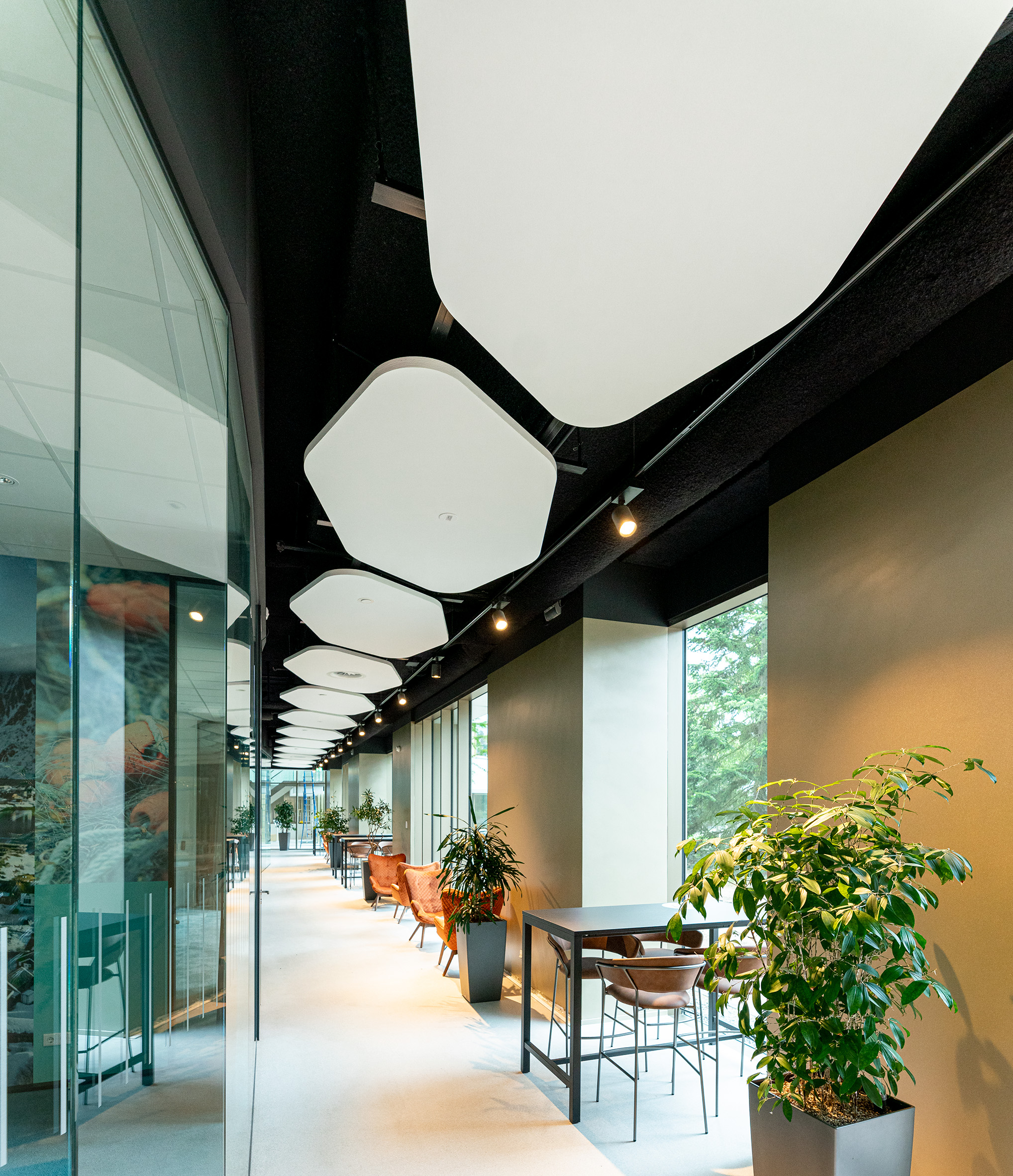 Szabadon függő akusztikus panelek irodai folyosón