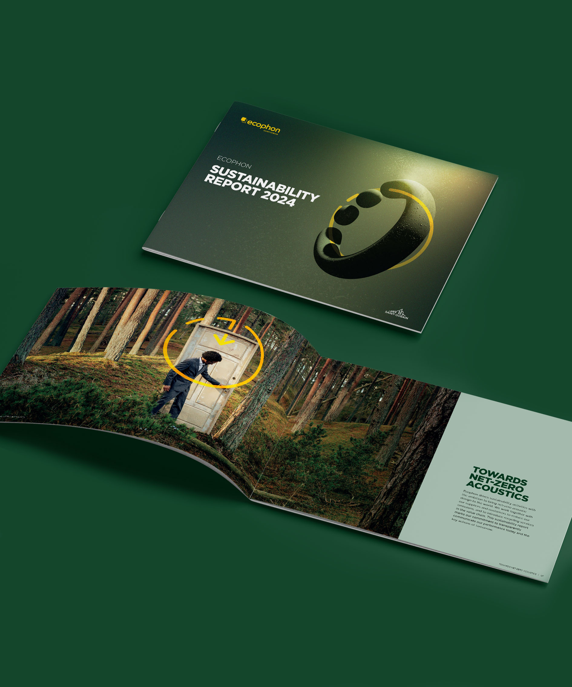 Two Ecophon sustainability report booklets on a green background; one is closed showing the cover, while the other is open displaying a photo of a person in a forest and the text, Towards Net-Zero Acoustics.
