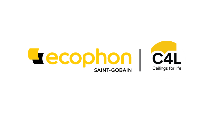 Ecophon Saint-Gobain logo in yellow and black, next to a round C4L Ceilings for Life logo with yellow and black accents on a white background.